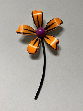 Vintage Hand-Painted Enamel Flower Brooch Pin | Orange Black Purple Floral State